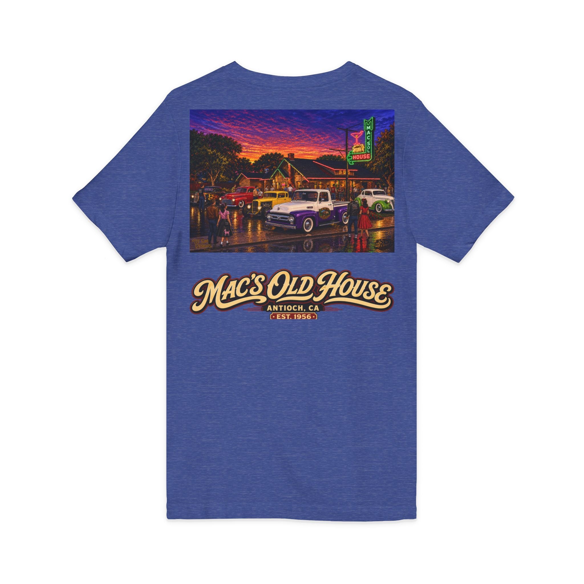 Mac's Old House V-Neck Tee — Retro Diner & Classic Cars Graphic Shirt