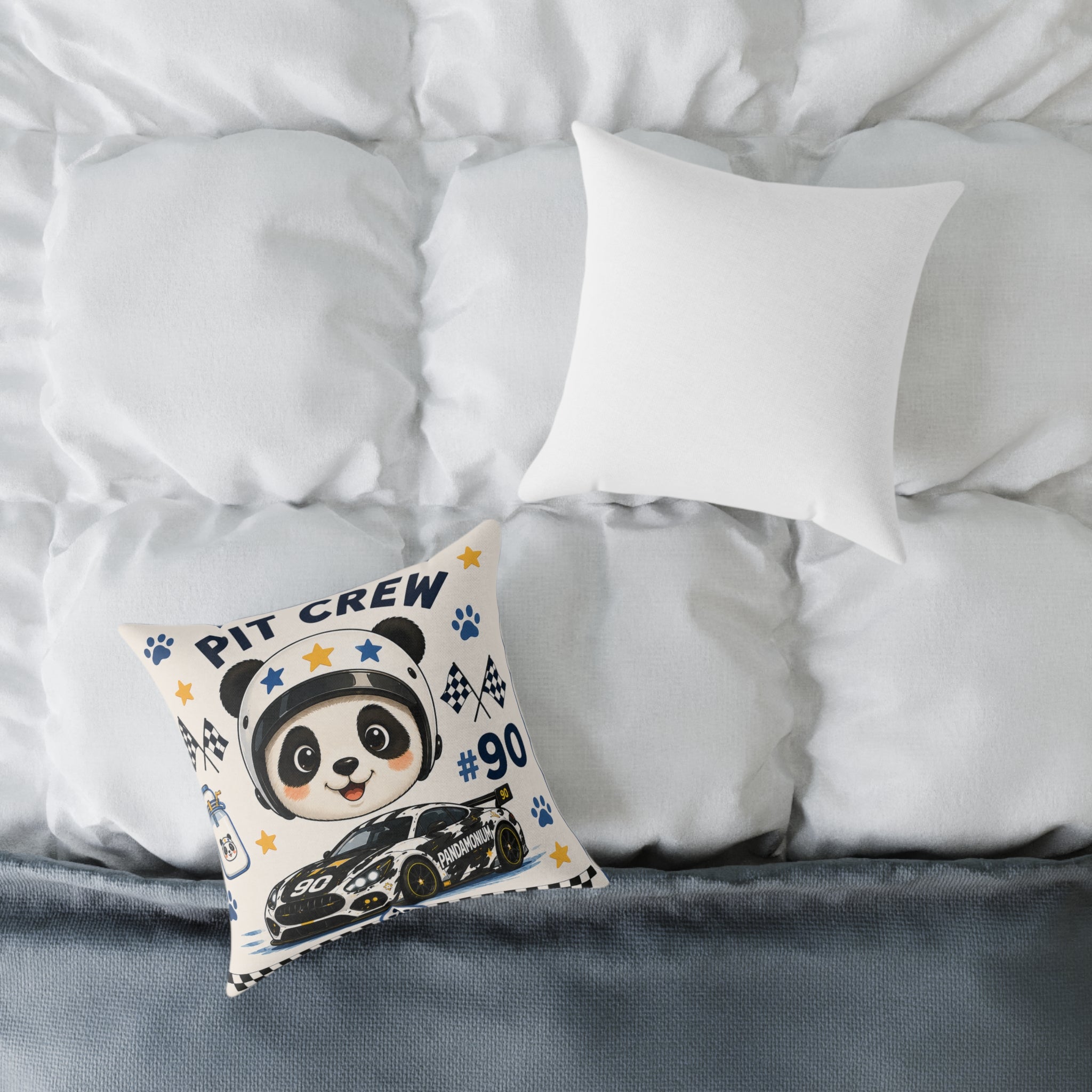 Racing Panda Pit Crew Square Pillow — Cute Car Fan Decorative Throw Pillow