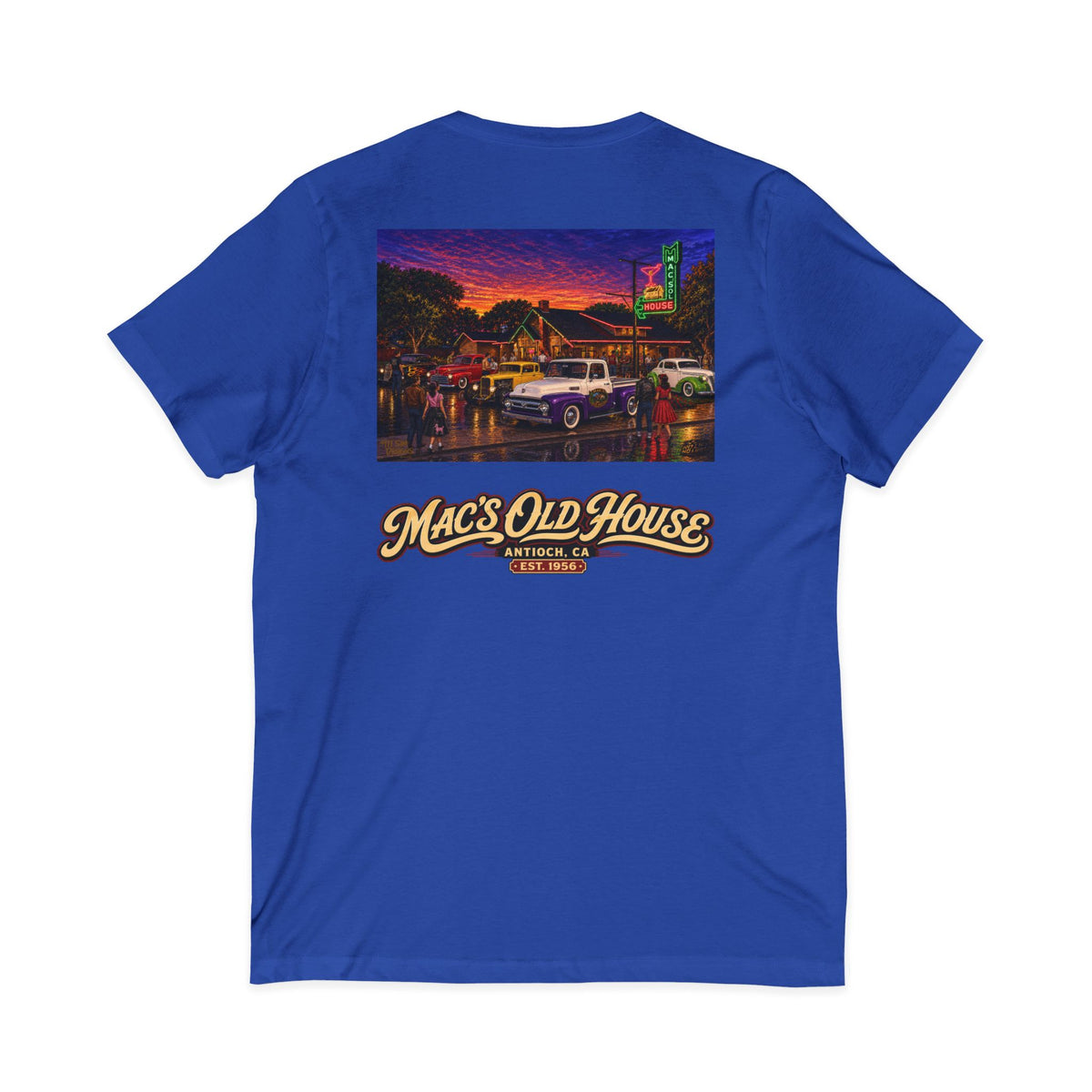 Mac's Old House V-Neck Tee — Retro Diner & Classic Cars Graphic Shirt
