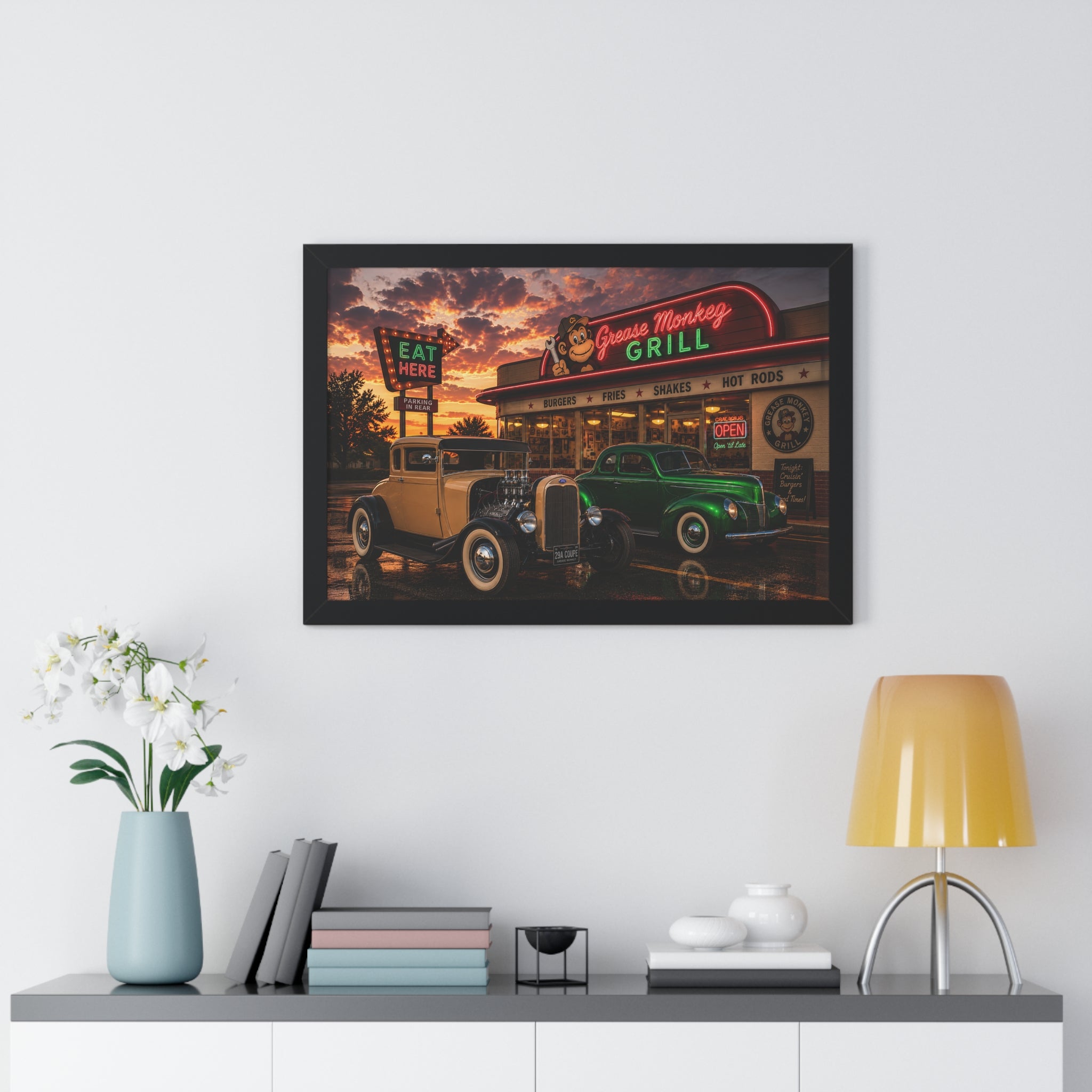 Vintage Diner Car Poster — Grease Monkey Grill Framed Horizontal Print