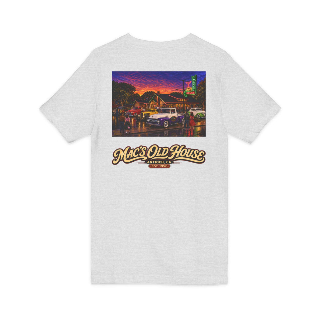 Mac's Old House V-Neck Tee — Retro Diner & Classic Cars Graphic Shirt