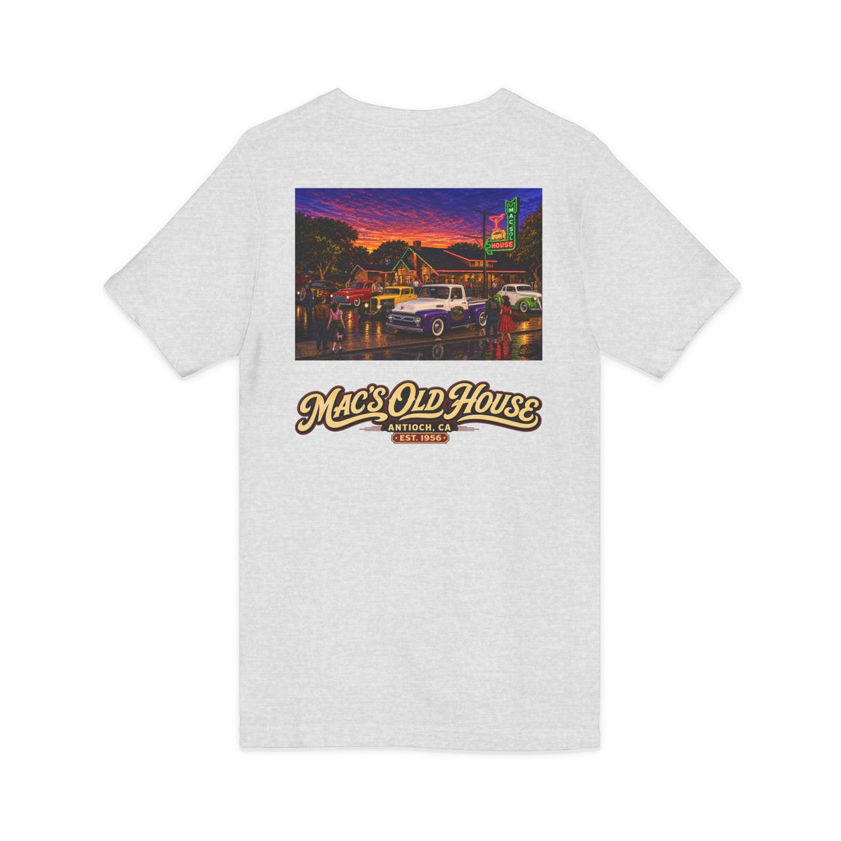 Mac's Old House V-Neck Tee — Retro Diner & Classic Cars Graphic Shirt