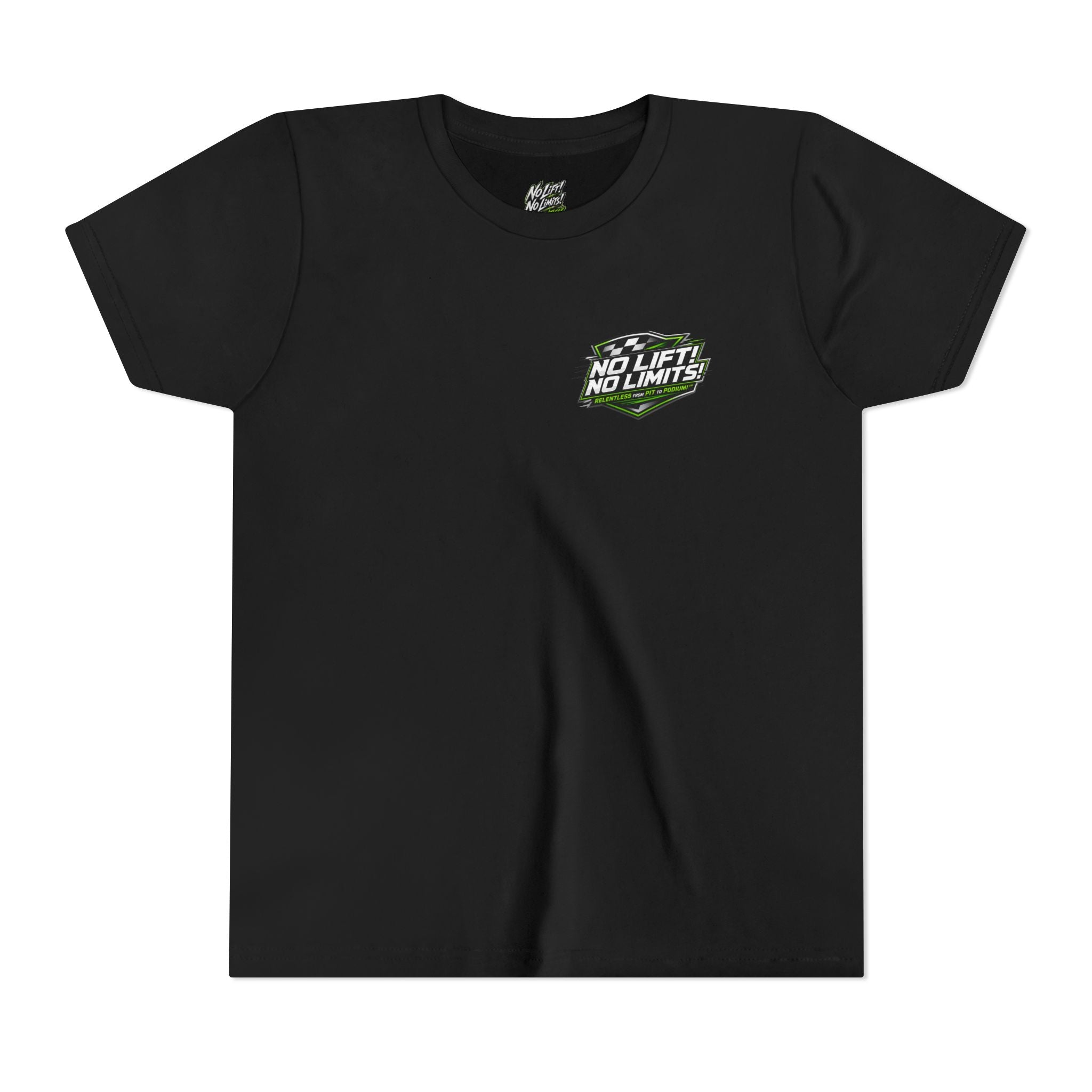 Youth Tee — "No Lift, No Limits" Green Go-Kart Racing Graphic