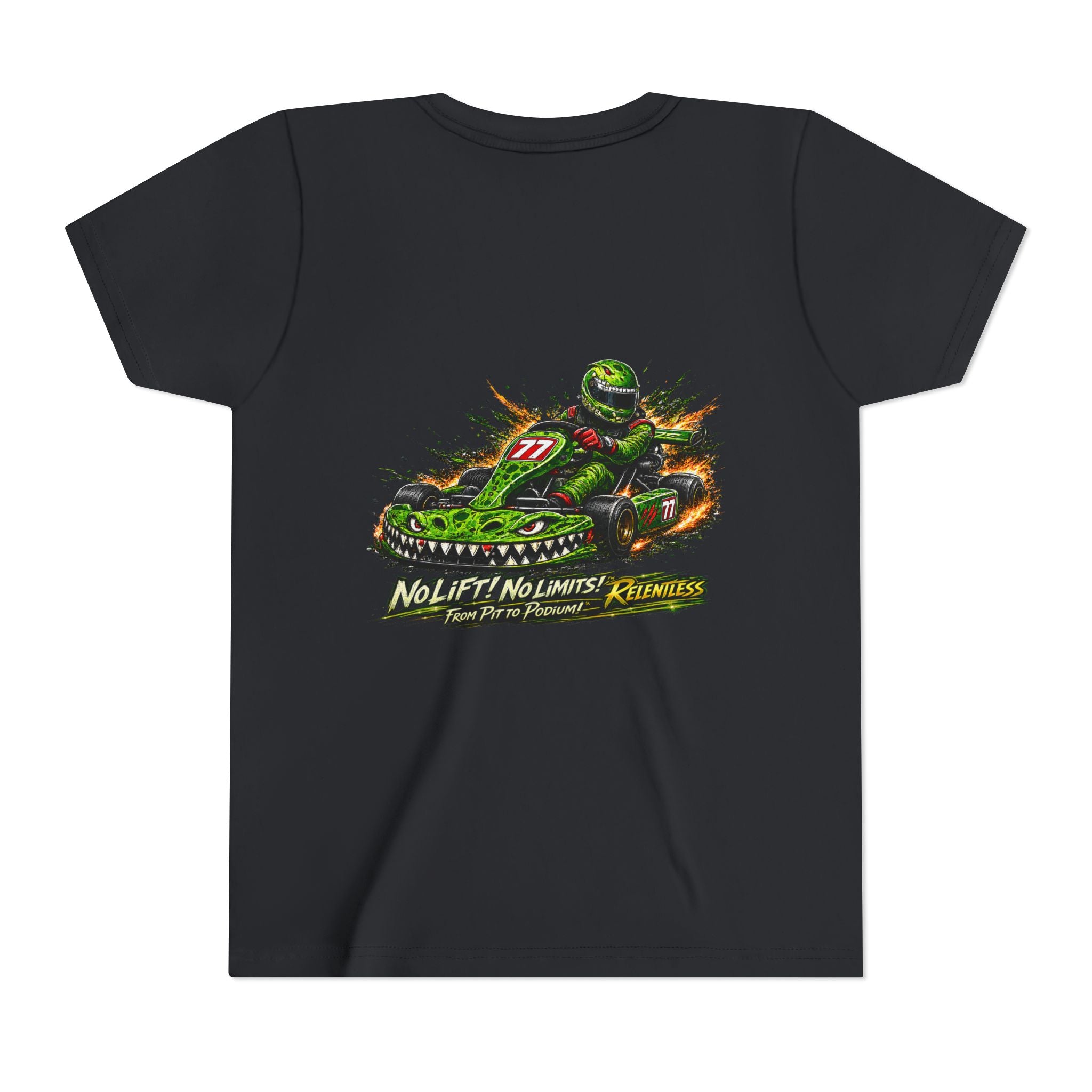 Youth Tee — "No Lift, No Limits" Green Go-Kart Racing Graphic