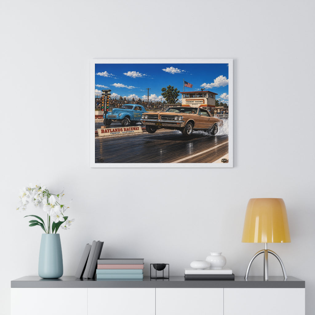 Drag Race Vintage Poster — Horizontal Framed Poster | Baylands Raceway Classic Cars Print