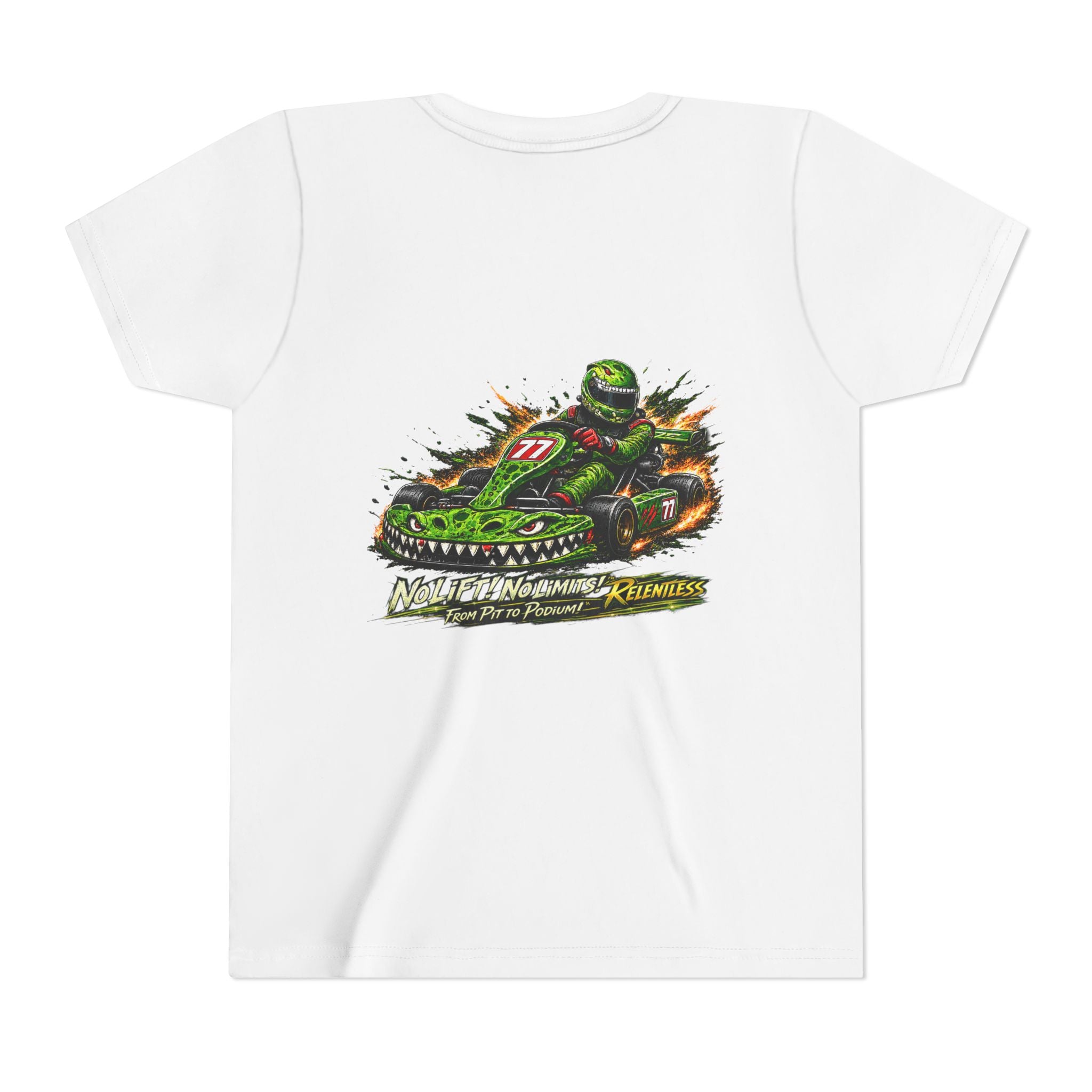 Youth Tee — "No Lift, No Limits" Green Go-Kart Racing Graphic