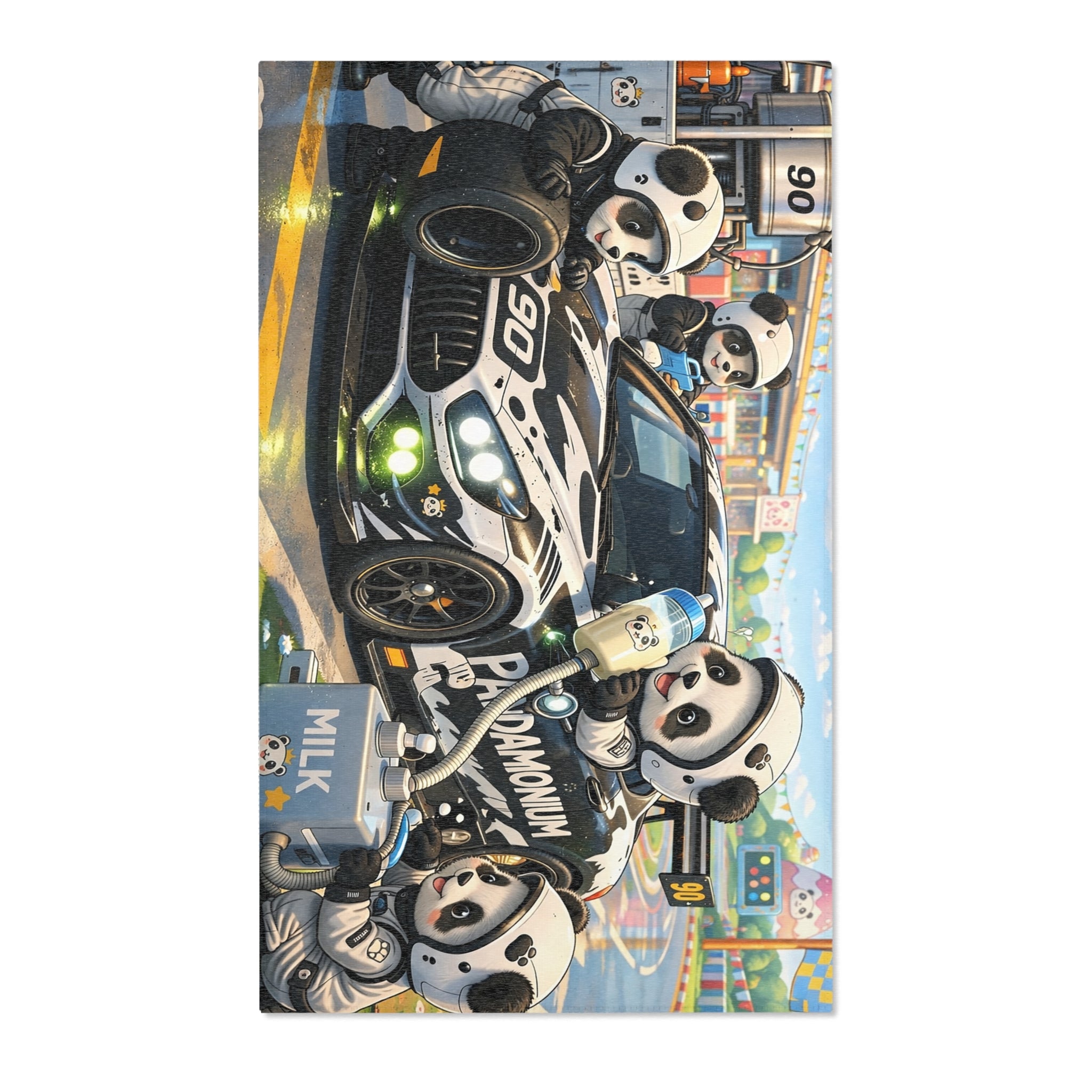 Panda Pit Crew Area Rug — Cute Racing Scene Floor Mat