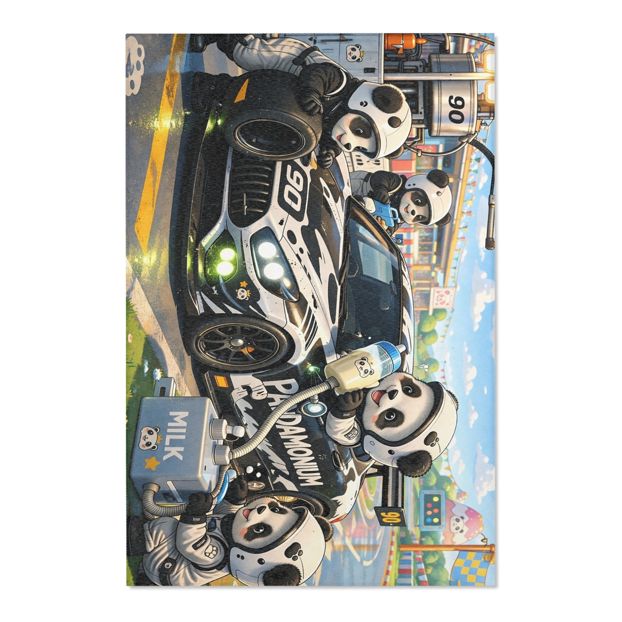 Panda Pit Crew Area Rug — Cute Racing Scene Floor Mat
