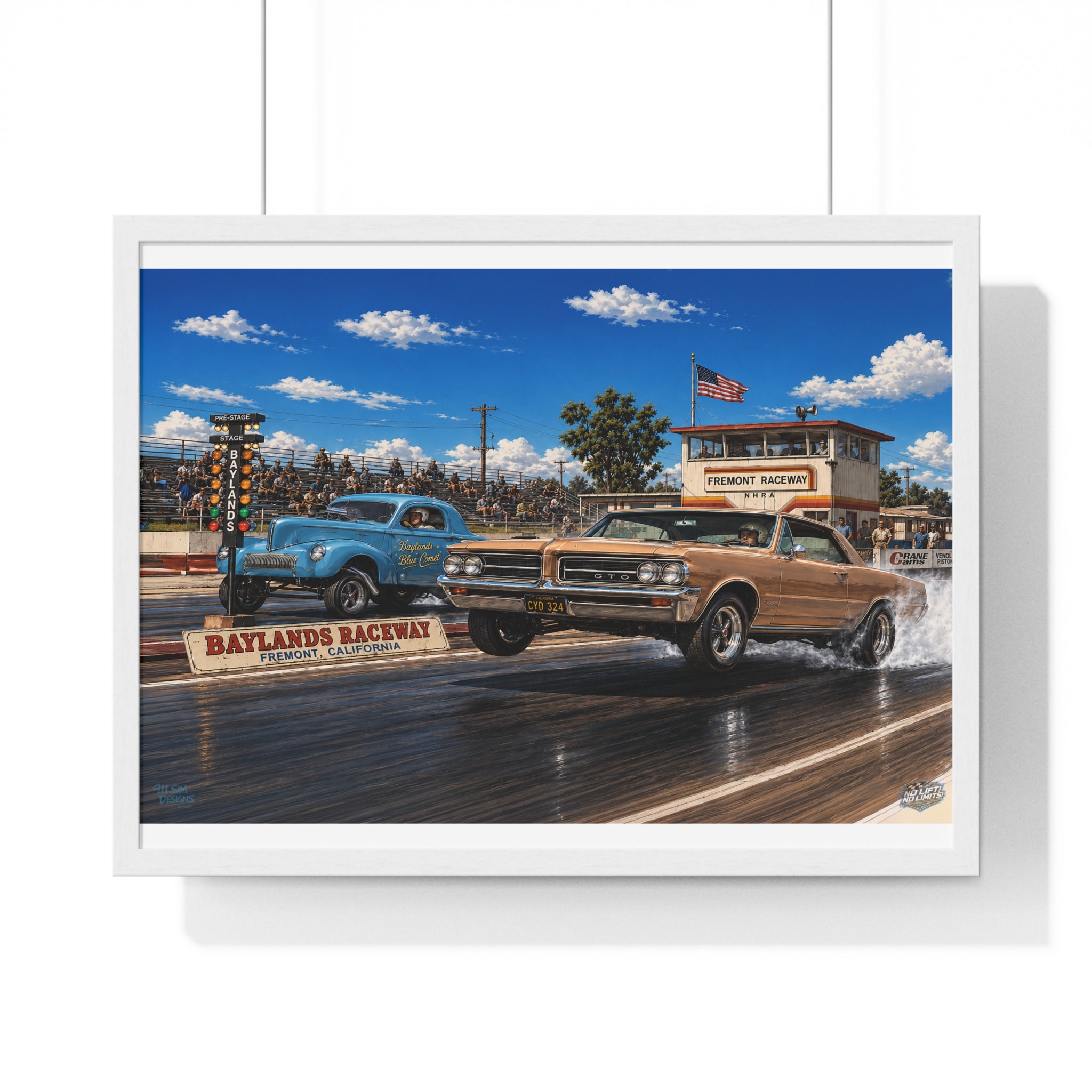 Drag Race Vintage Poster — Horizontal Framed Poster | Baylands Raceway Classic Cars Print