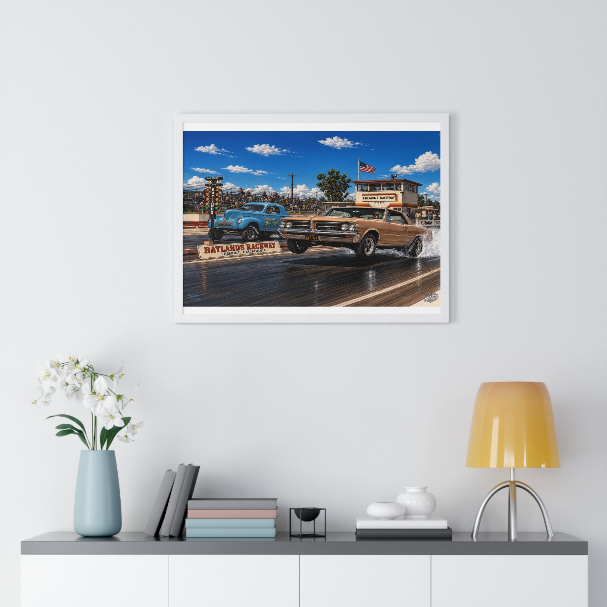 Drag Race Vintage Poster — Horizontal Framed Poster | Baylands Raceway Classic Cars Print