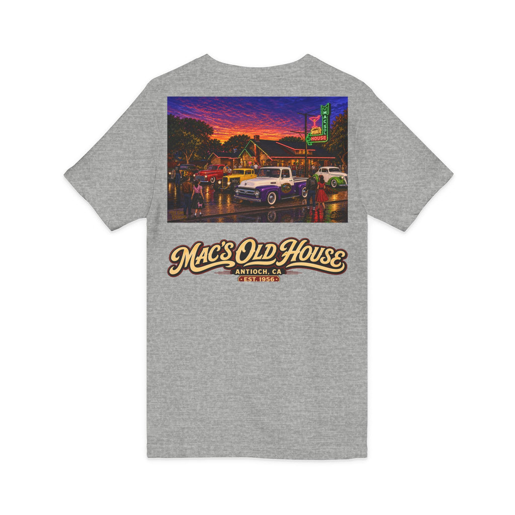 Mac's Old House V-Neck Tee — Retro Diner & Classic Cars Graphic Shirt
