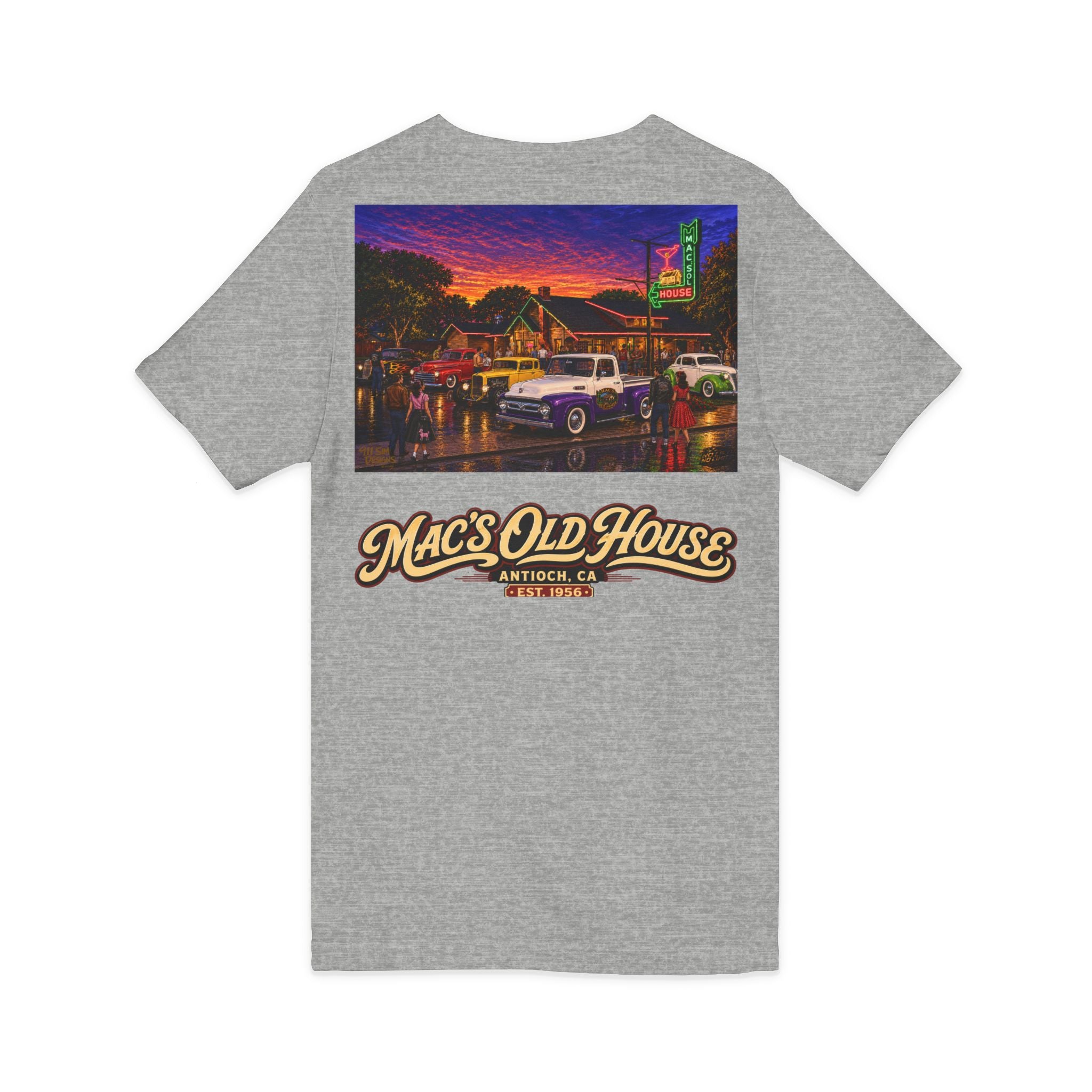 Mac's Old House V-Neck Tee — Retro Diner & Classic Cars Graphic Shirt