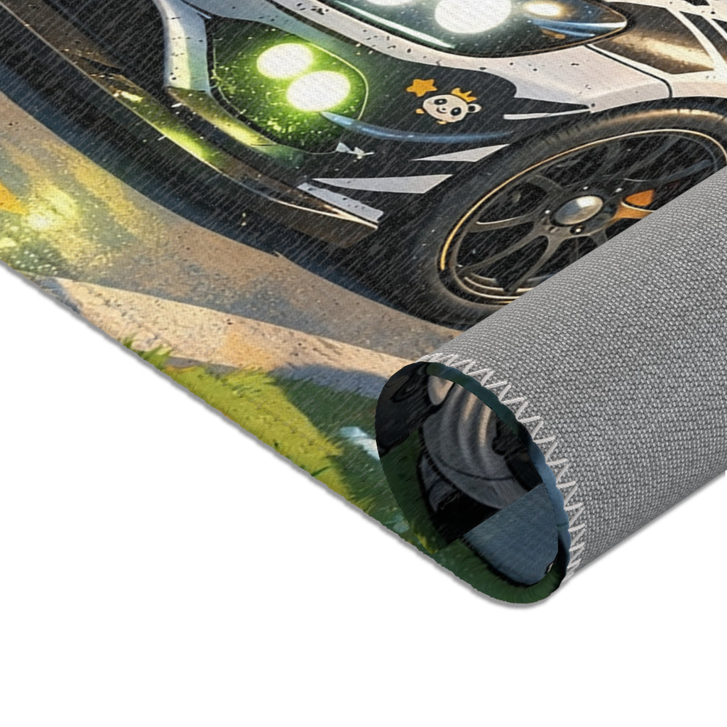 Panda Pit Crew Area Rug — Cute Racing Scene Floor Mat