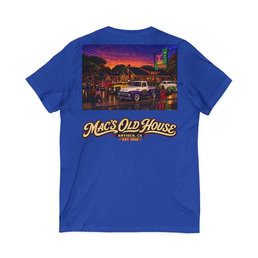 Mac's Old House V-Neck Tee — Retro Diner & Classic Cars Graphic Shirt