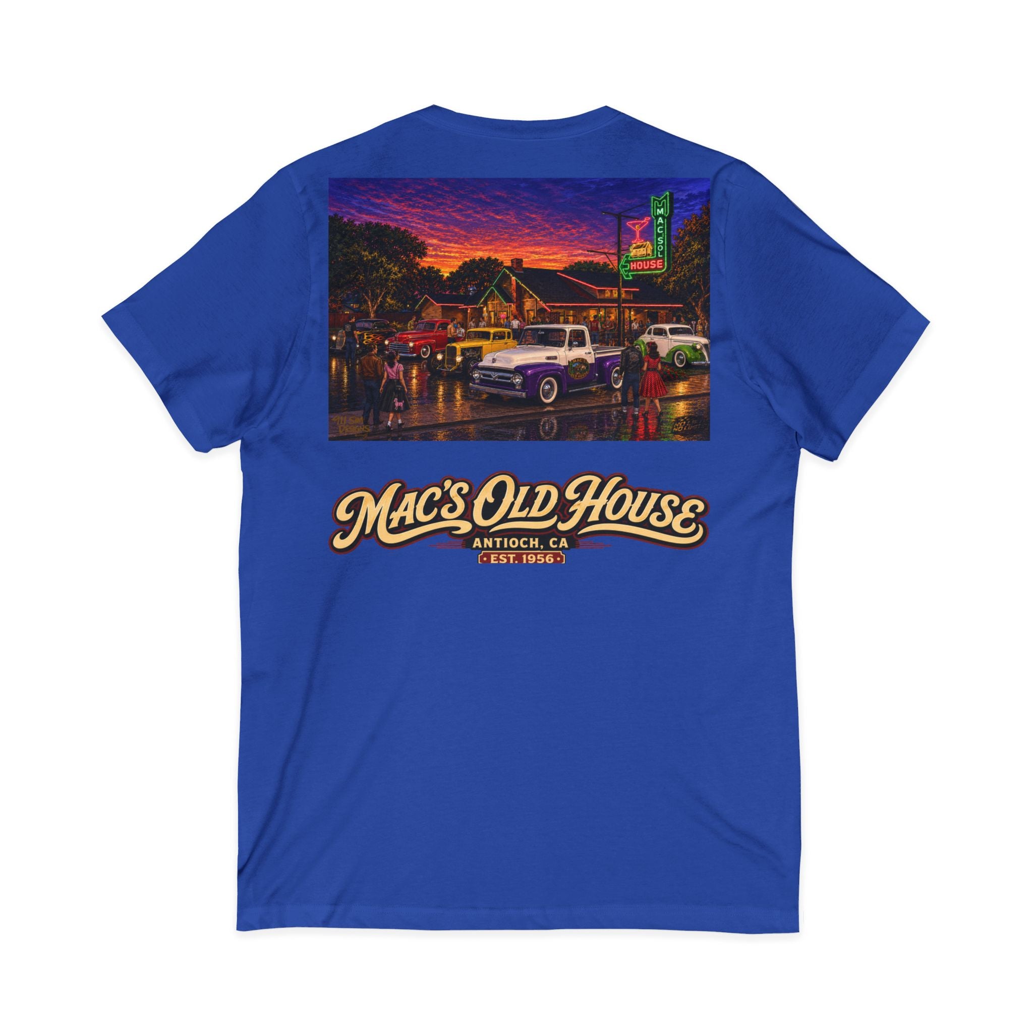 Mac's Old House V-Neck Tee — Retro Diner & Classic Cars Graphic Shirt