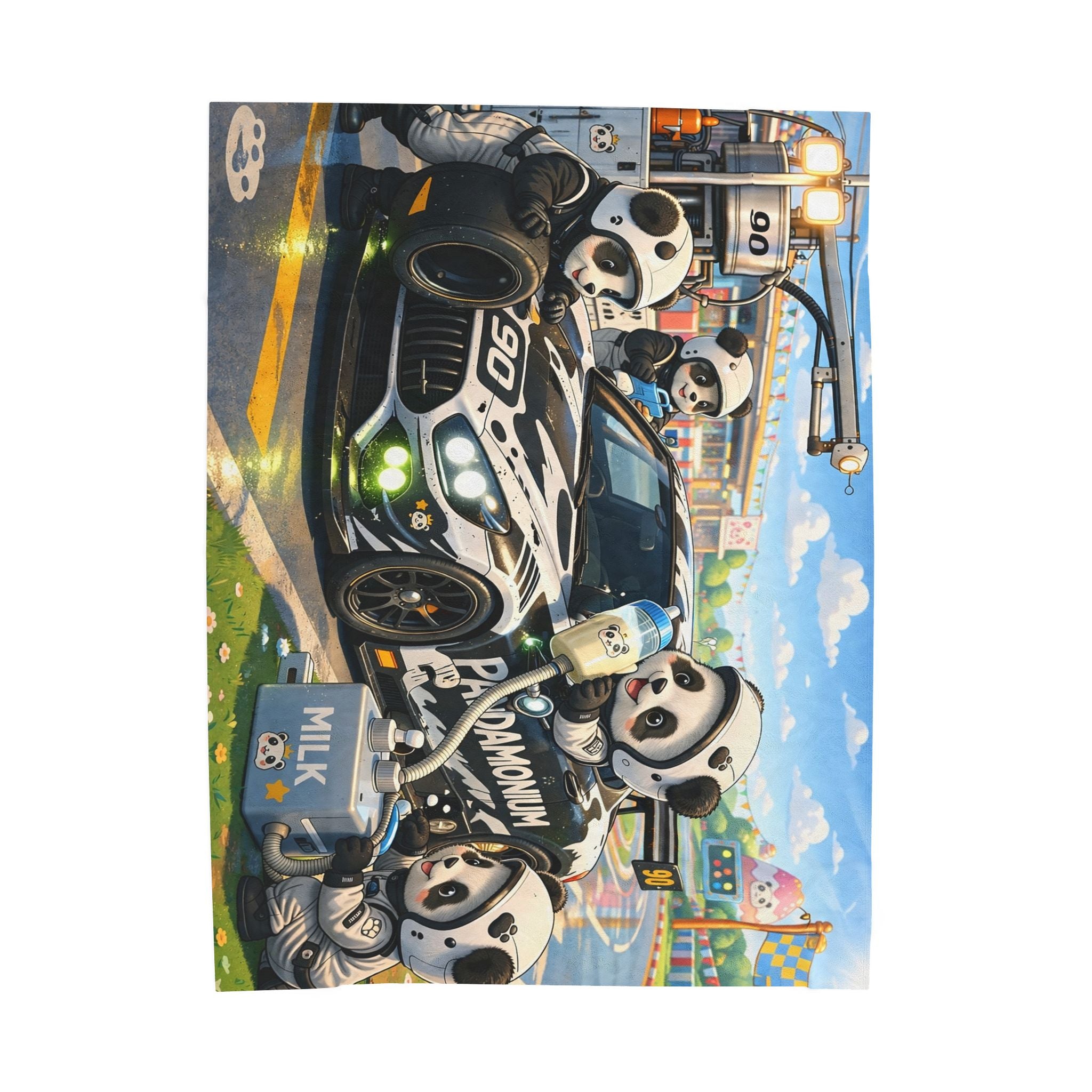 Pandamonium Milk Refill Racing Blanket— Cute Racing Cartoon Throw for Kids