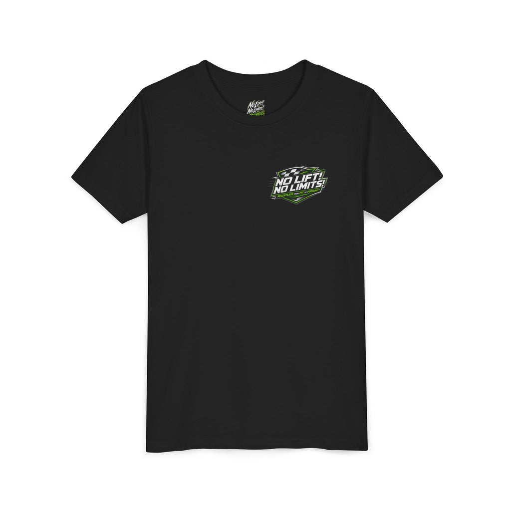 Youth Tee — "No Lift, No Limits" Green Go-Kart Racing Graphic