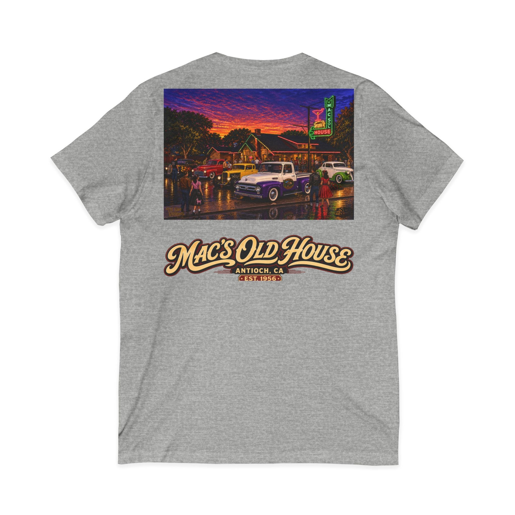 Mac's Old House V-Neck Tee — Retro Diner & Classic Cars Graphic Shirt