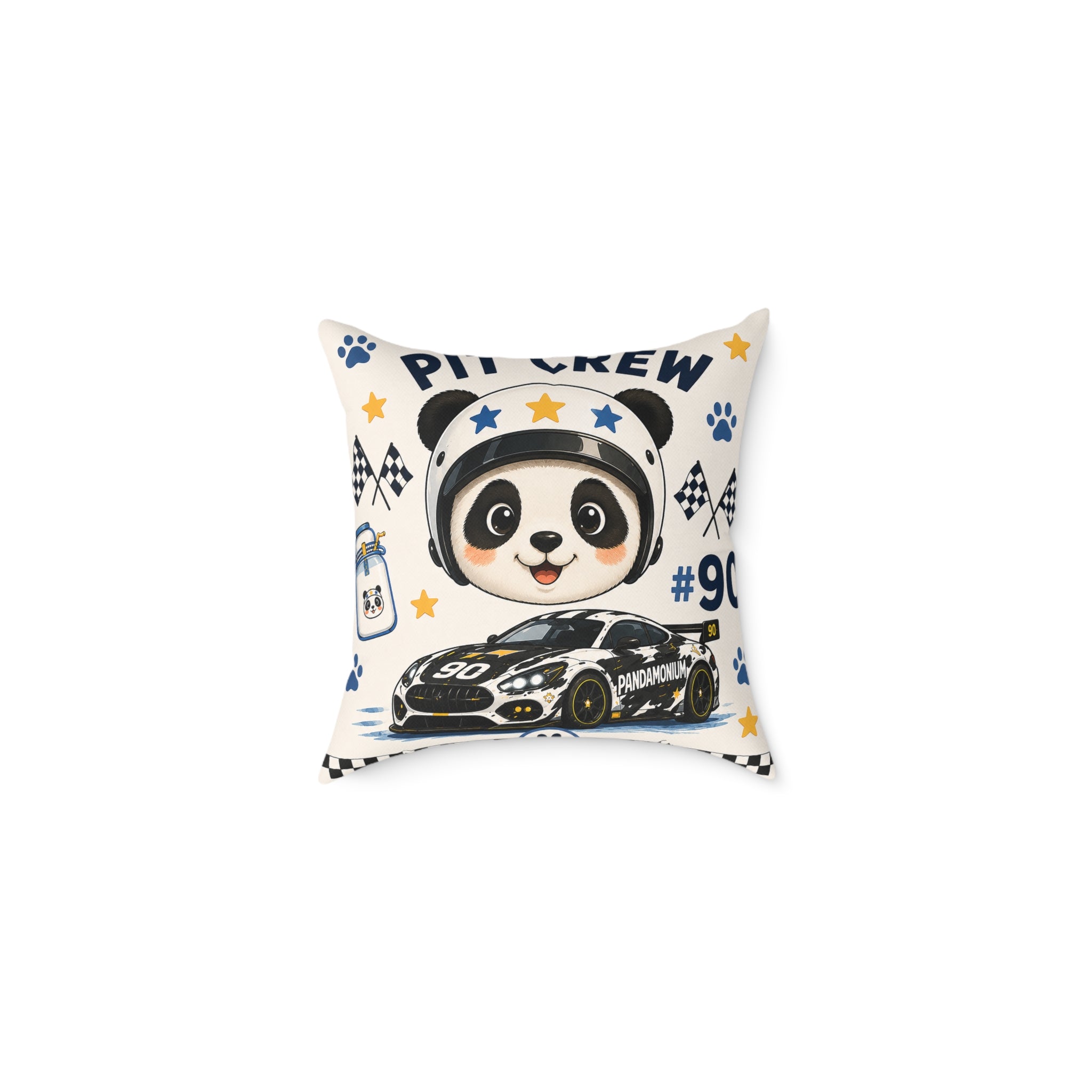 Racing Panda Pit Crew Square Pillow — Cute Car Fan Decorative Throw Pillow