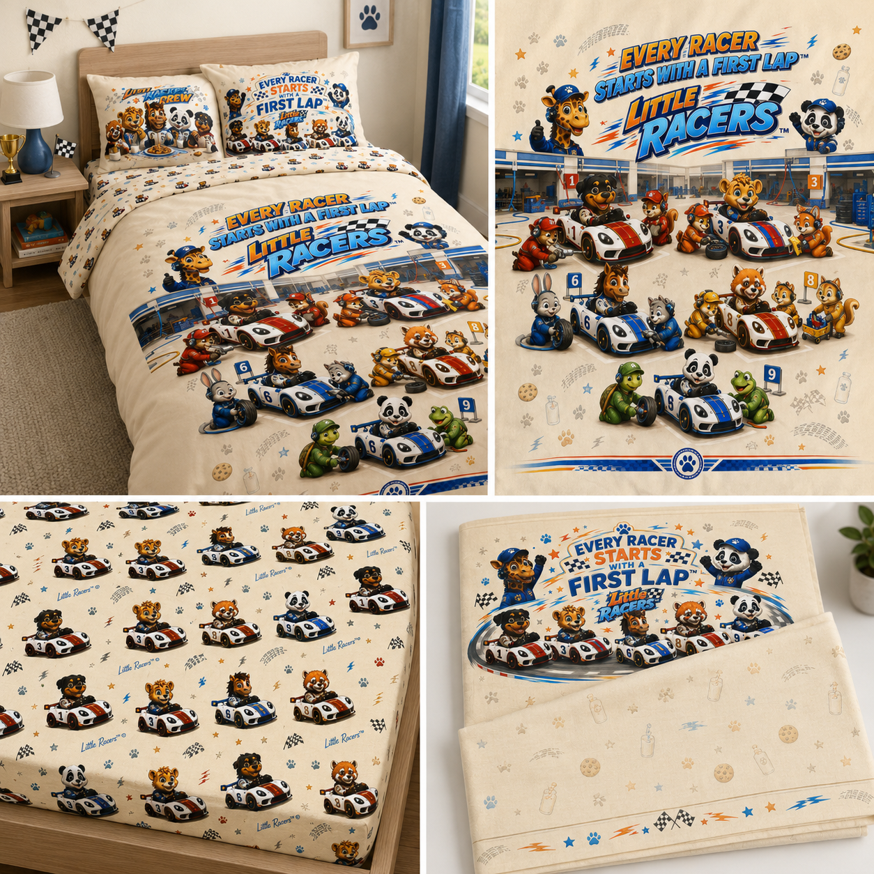 Kids Racing Cotton Bed Set – "Every Racer Starts with a First Lap" Paw Patrol-Style Duvet