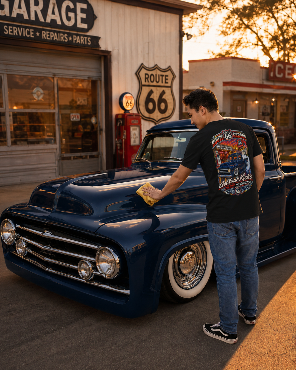 Vintage Pickup Truck T-Shirt – Blue Steel Classic Truck Graphic Tee | Route 66 Garage