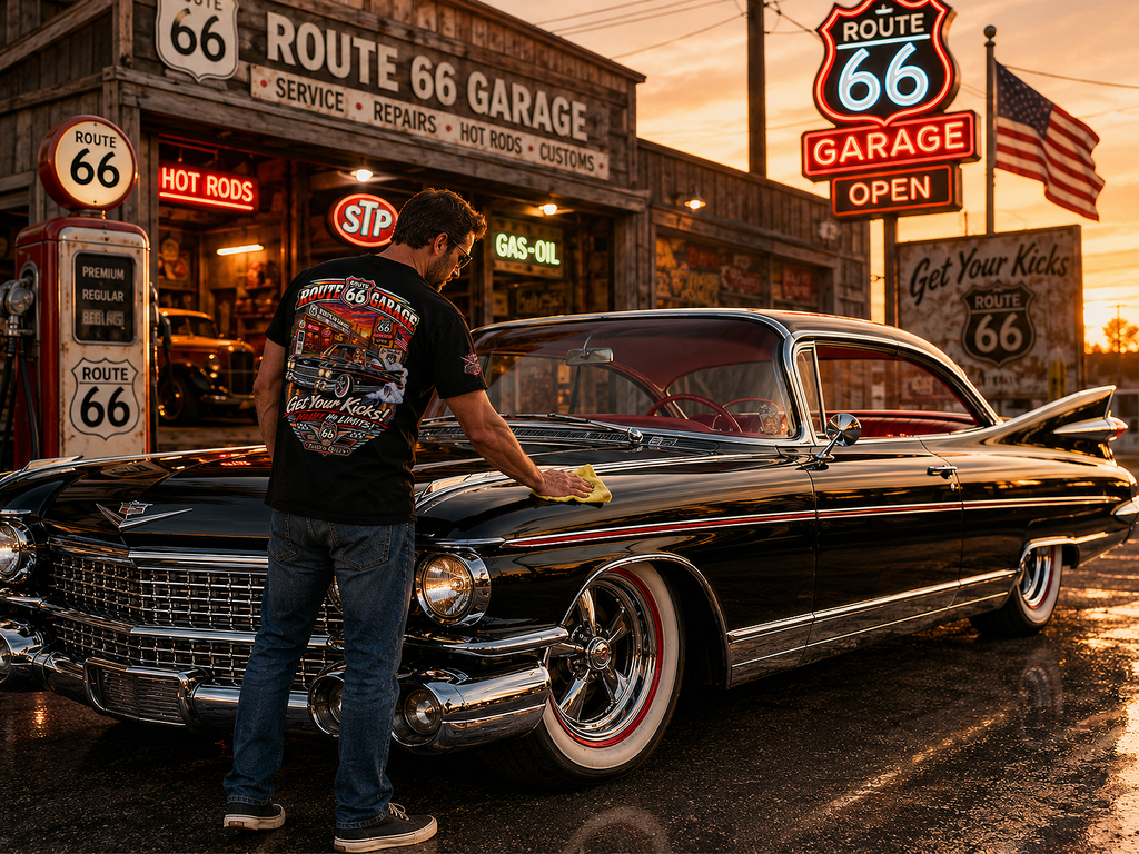 Cadillac Tailfin T-Shirt – 1950s Classic Car Graphic Tee | Route 66 Garage