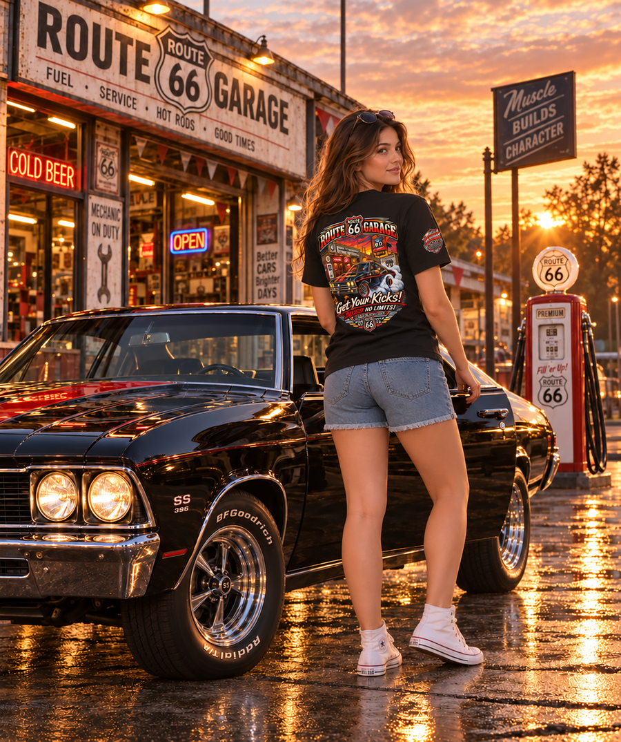 Muscle Car Burnout T-Shirt – Classic American Muscle Graphic Tee | Route 66 Garage