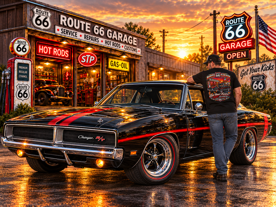 Classic Mopar Muscle Car T-Shirt – Black & Red R/T Graphic Tee | Route 66 Garage
