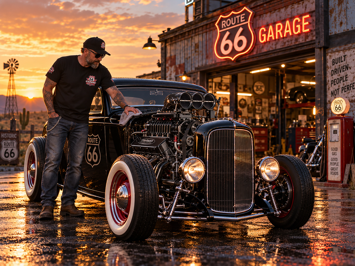 Route 66 Garage – Blown Blackout Hot Rod Tee