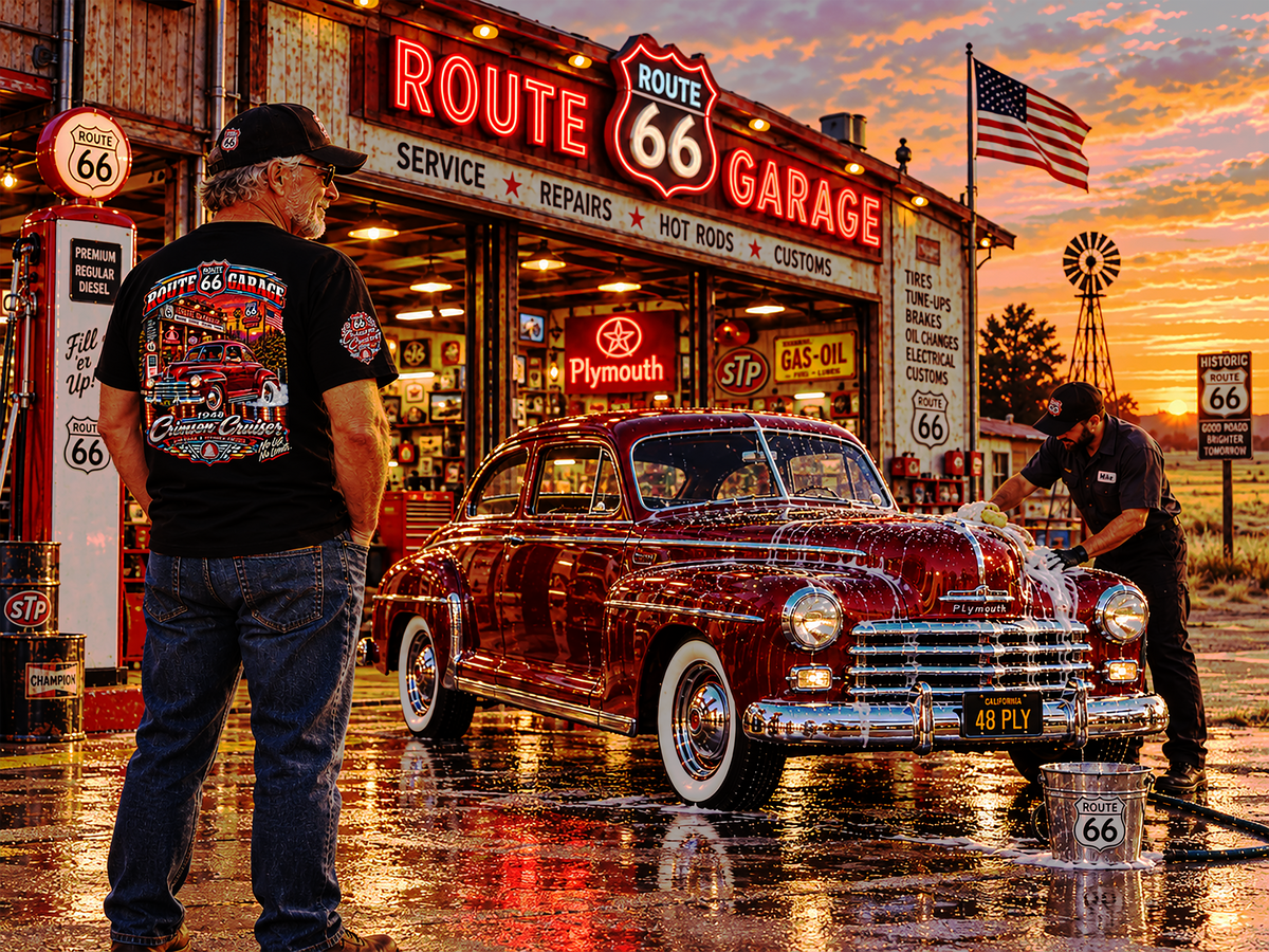 Crimson Cruiser | 1948 Plymouth Route 66 Garage Tee