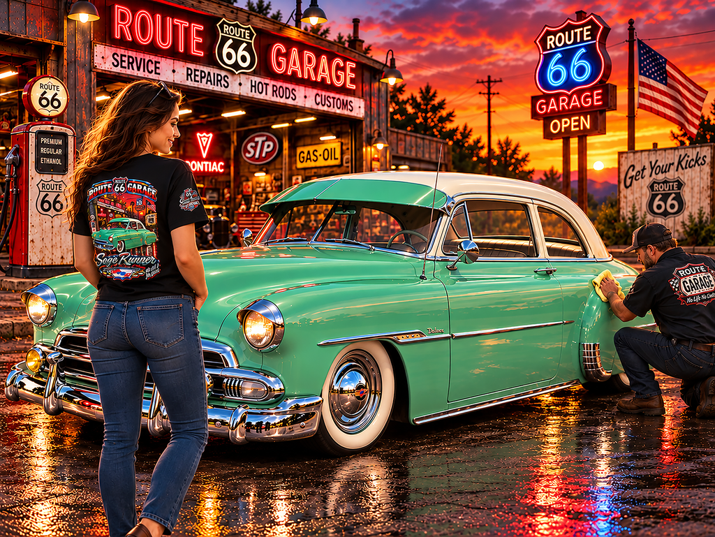Sage Runner | 1951 Chevrolet Deluxe Route 66 Garage Tee