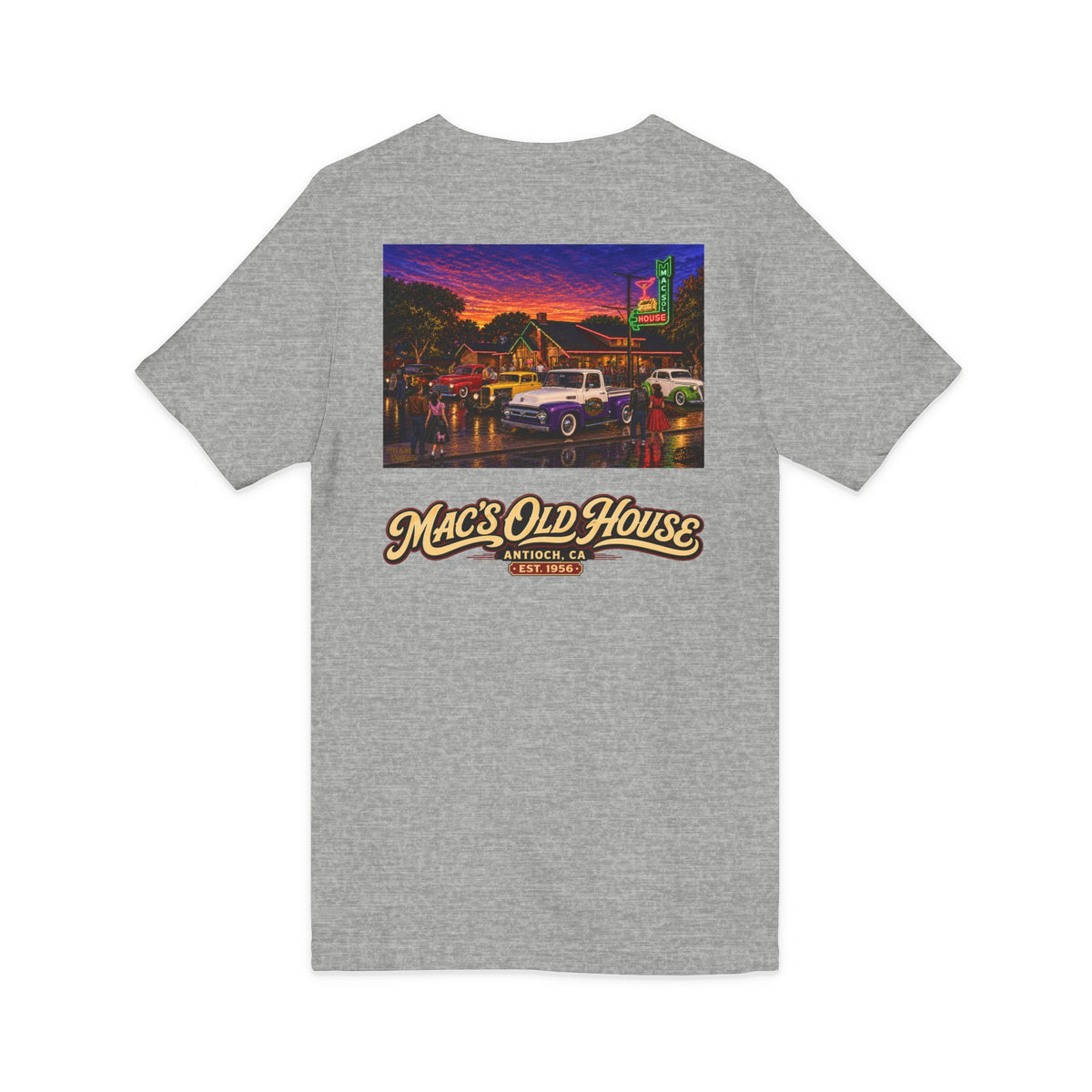 Mac's Old House V-Neck Tee — Retro Diner & Classic Cars Graphic Shirt