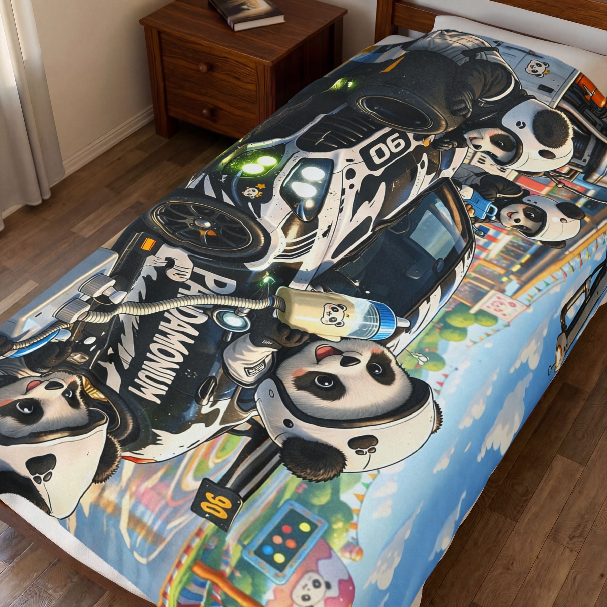 Pandamonium Milk Refill Racing Blanket— Cute Racing Cartoon Throw for Kids