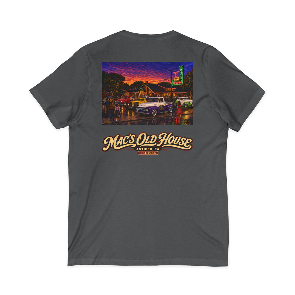 Mac's Old House V-Neck Tee — Retro Diner & Classic Cars Graphic Shirt