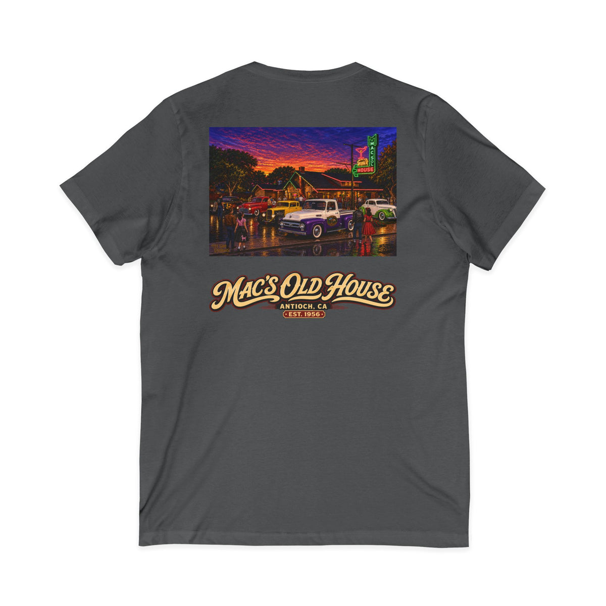 Mac's Old House V-Neck Tee — Retro Diner & Classic Cars Graphic Shirt