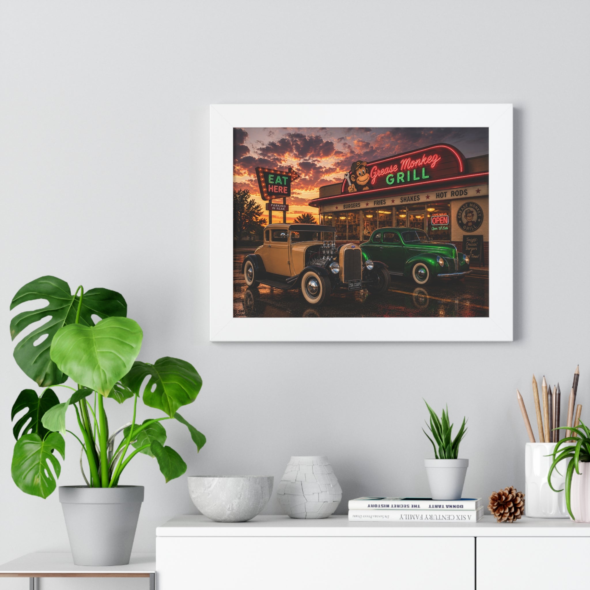 Vintage Diner Car Poster — Grease Monkey Grill Framed Horizontal Print
