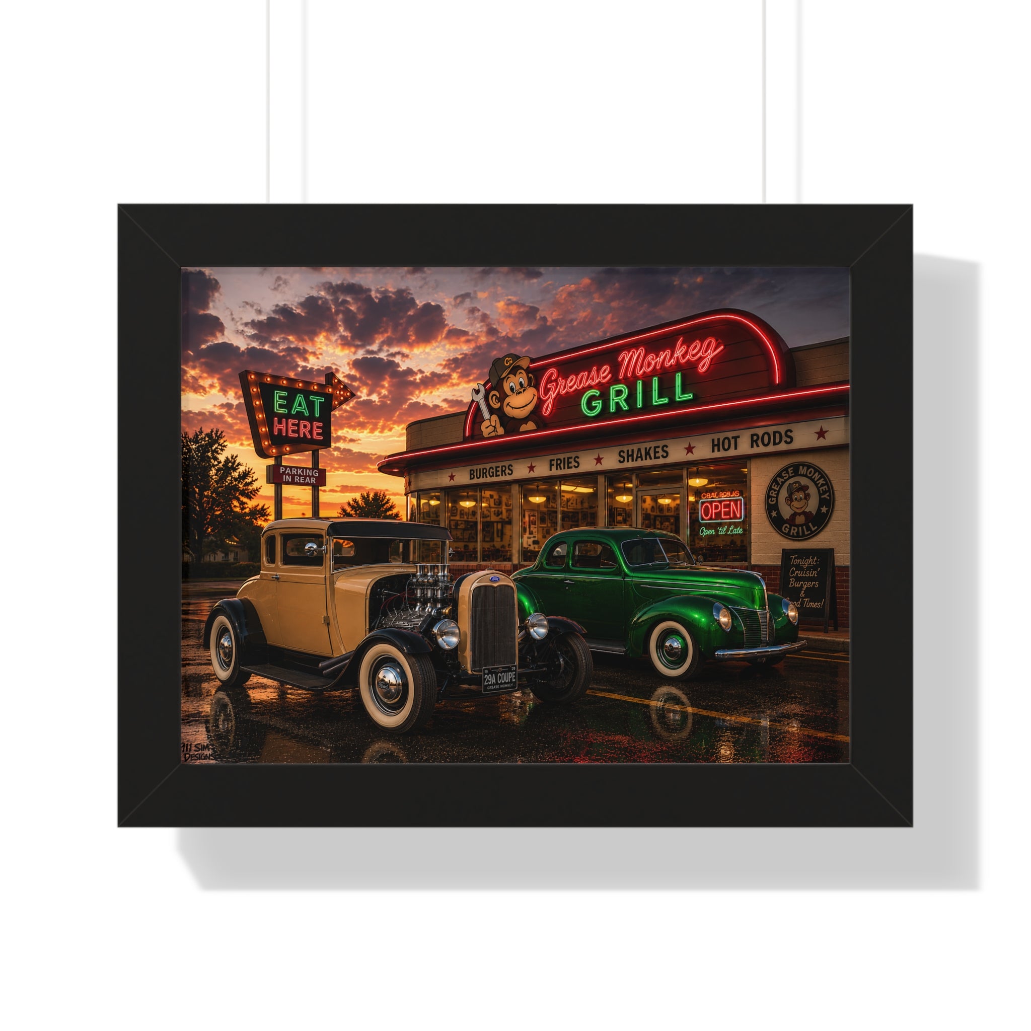 Vintage Diner Car Poster — Grease Monkey Grill Framed Horizontal Print