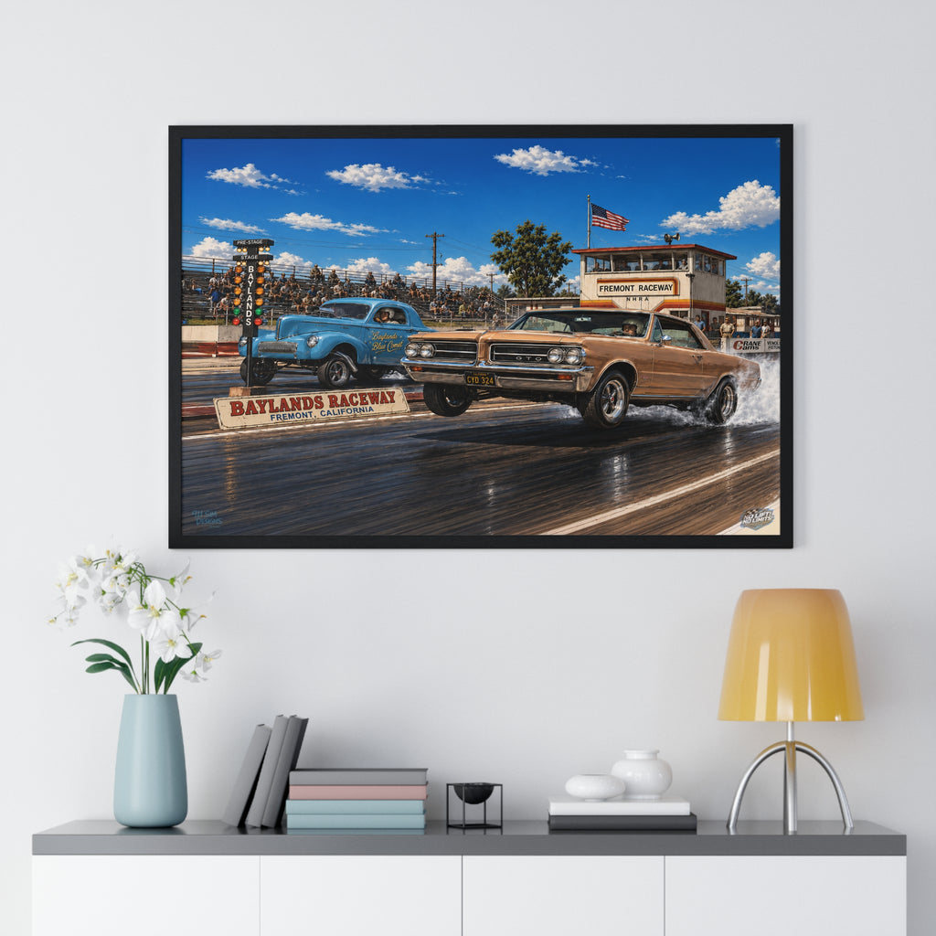 Drag Race Vintage Poster — Horizontal Framed Poster | Baylands Raceway Classic Cars Print