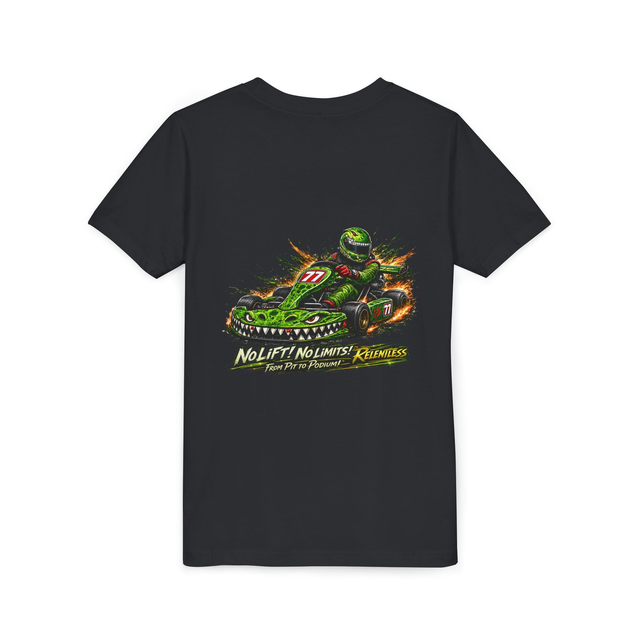 Youth Tee — "No Lift, No Limits" Green Go-Kart Racing Graphic