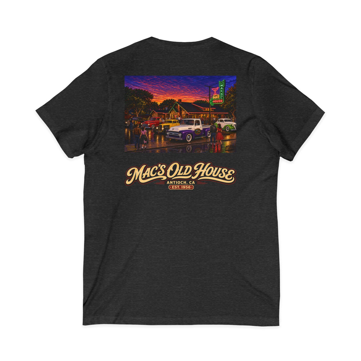 Mac's Old House V-Neck Tee — Retro Diner & Classic Cars Graphic Shirt