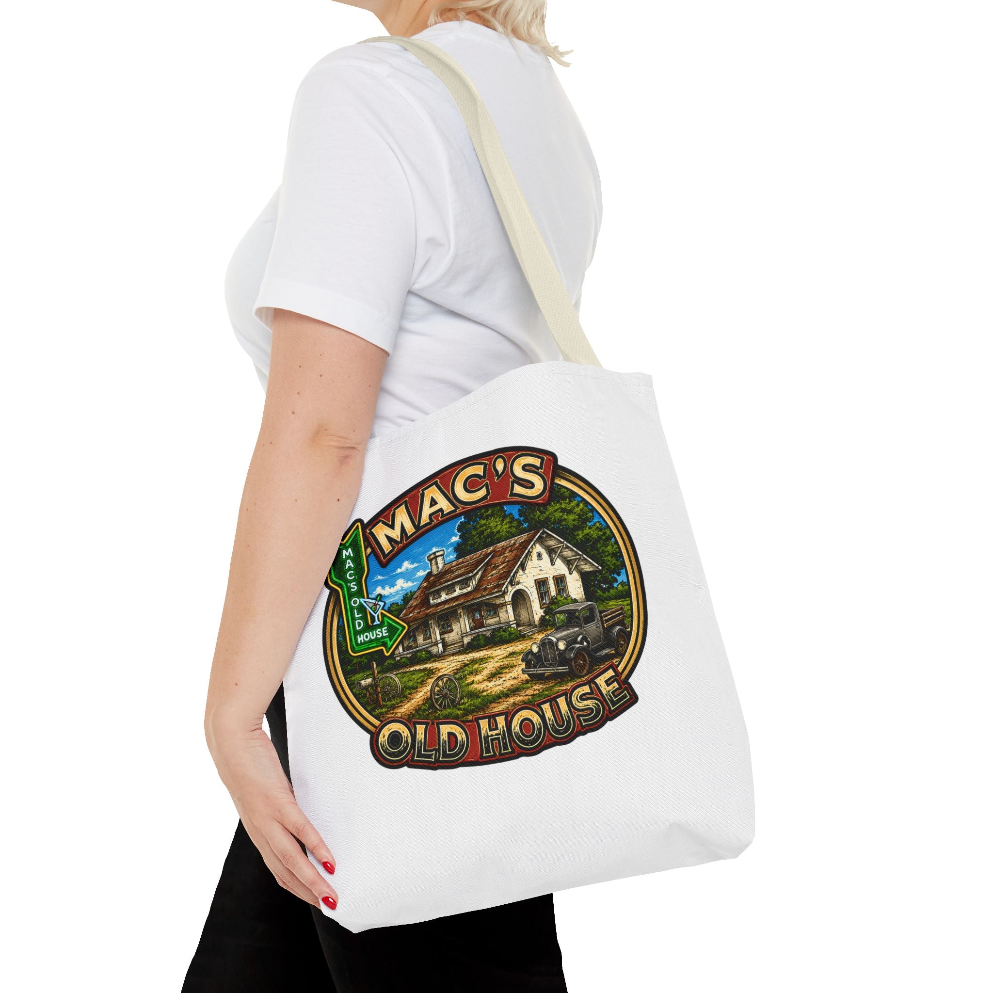 Mac's Old House Tote Bag — Vintage Route 66 Retro Diner Beach Town Carryall