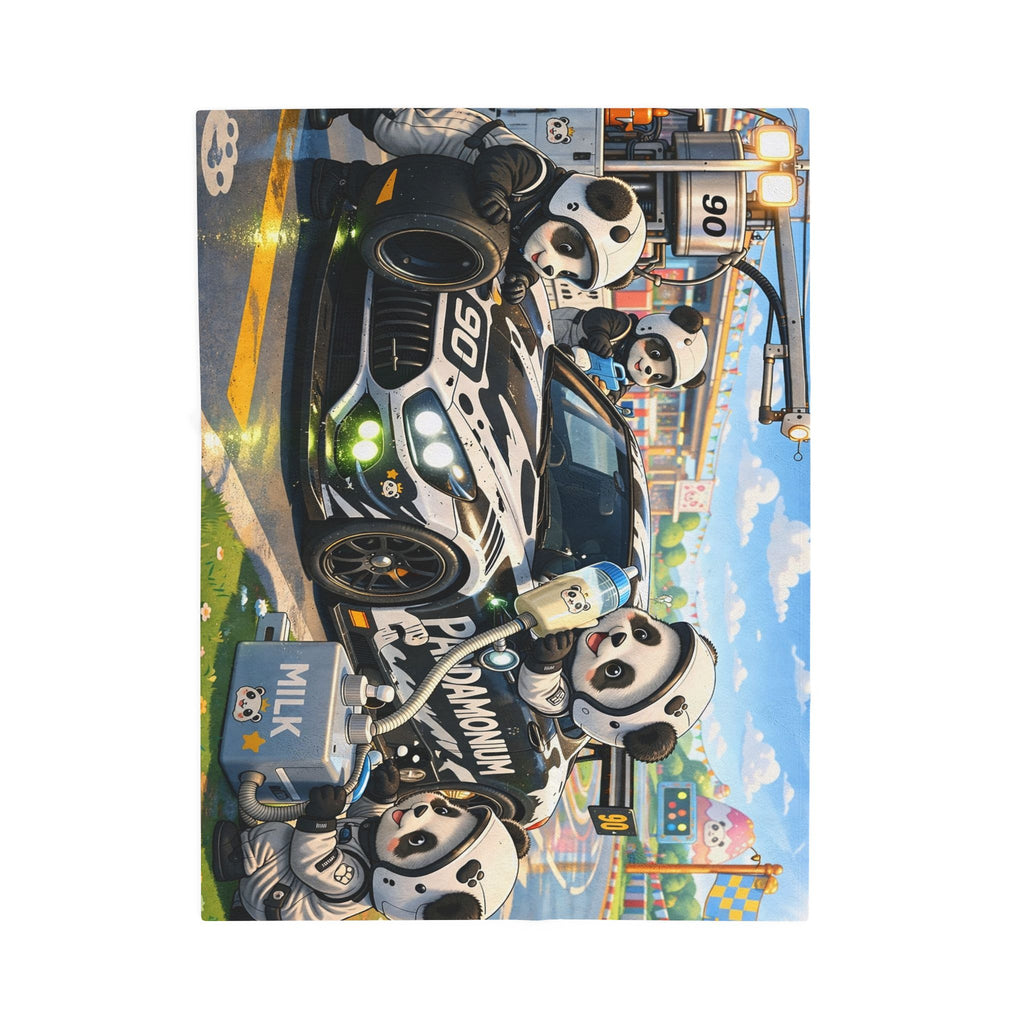 Pandamonium Milk Refill Racing Blanket— Cute Racing Cartoon Throw for Kids
