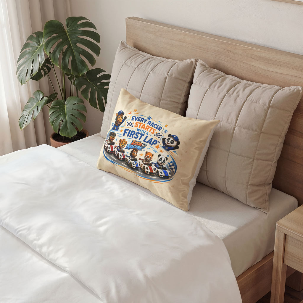 Kids Racing Pillow Sham — “Every Racer Starts with a First Lap”