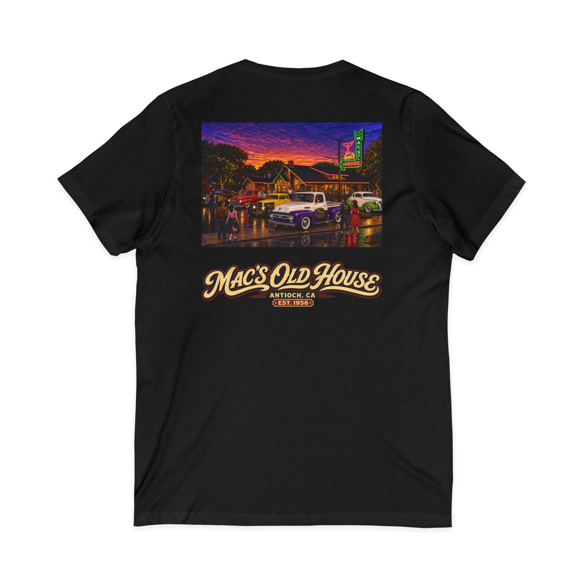 Mac's Old House V-Neck Tee — Retro Diner & Classic Cars Graphic Shirt