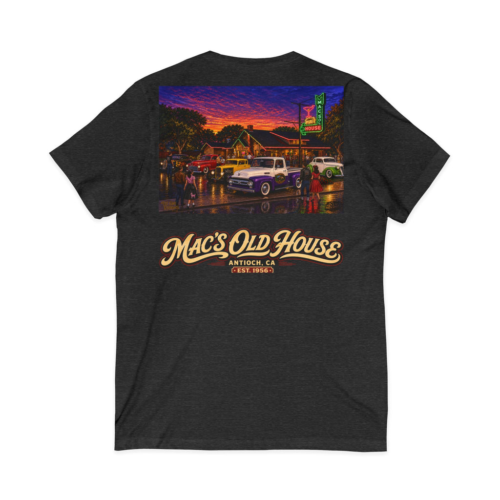 Mac's Old House V-Neck Tee — Retro Diner & Classic Cars Graphic Shirt