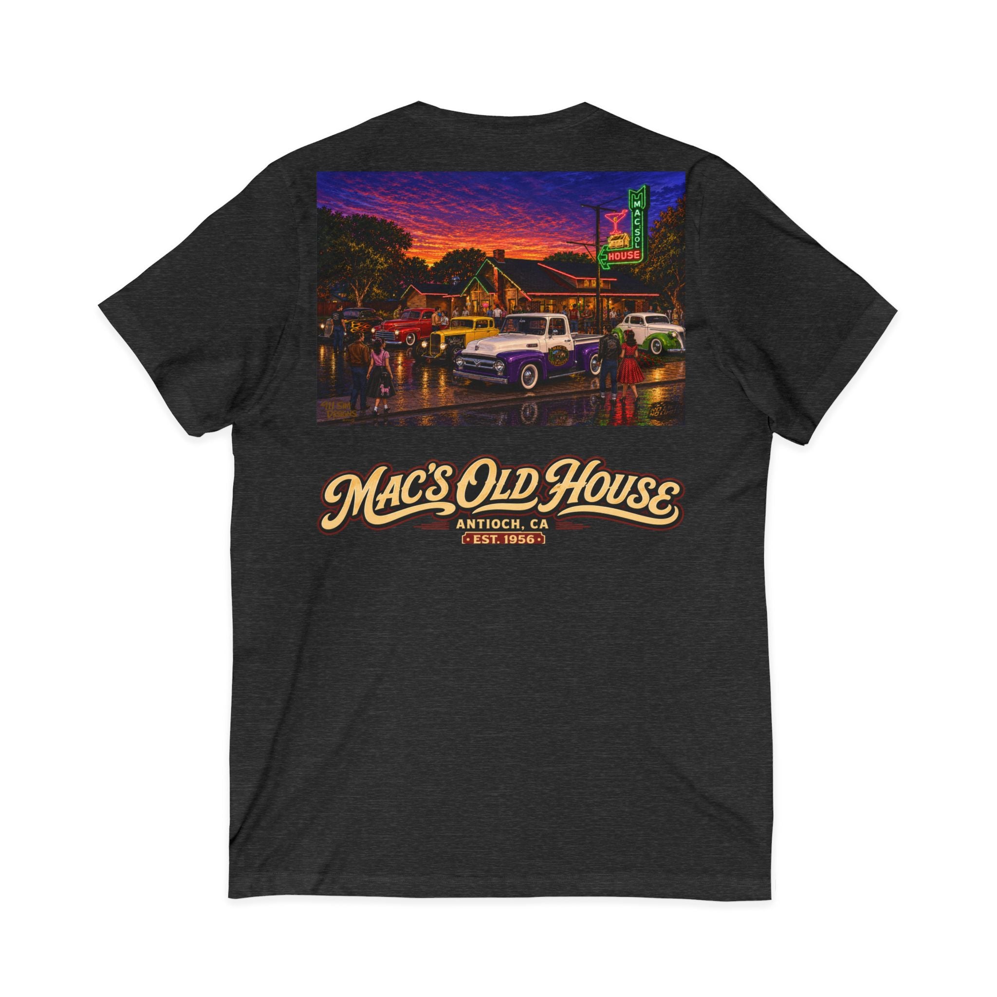 Mac's Old House V-Neck Tee — Retro Diner & Classic Cars Graphic Shirt