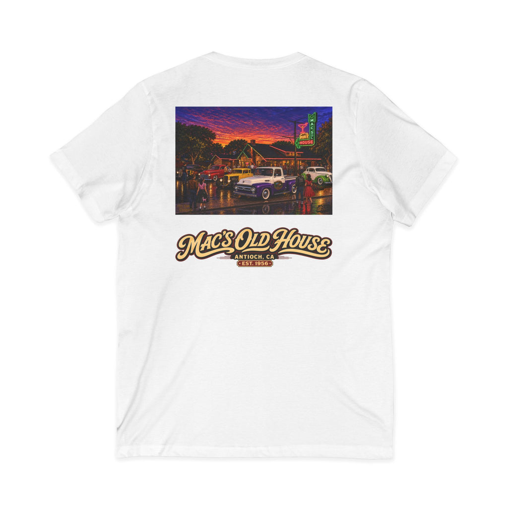 Mac's Old House V-Neck Tee — Retro Diner & Classic Cars Graphic Shirt