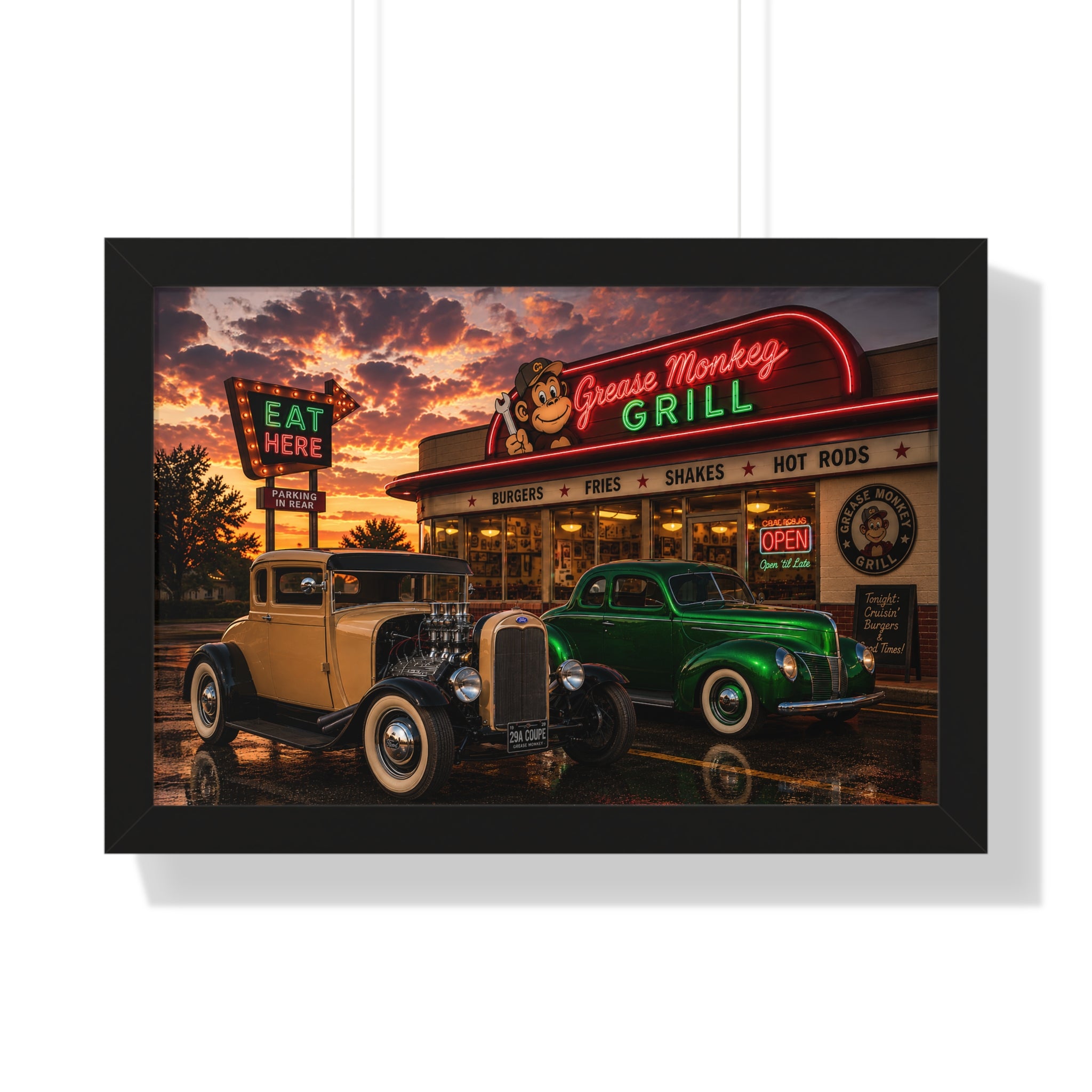 Vintage Diner Car Poster — Grease Monkey Grill Framed Horizontal Print