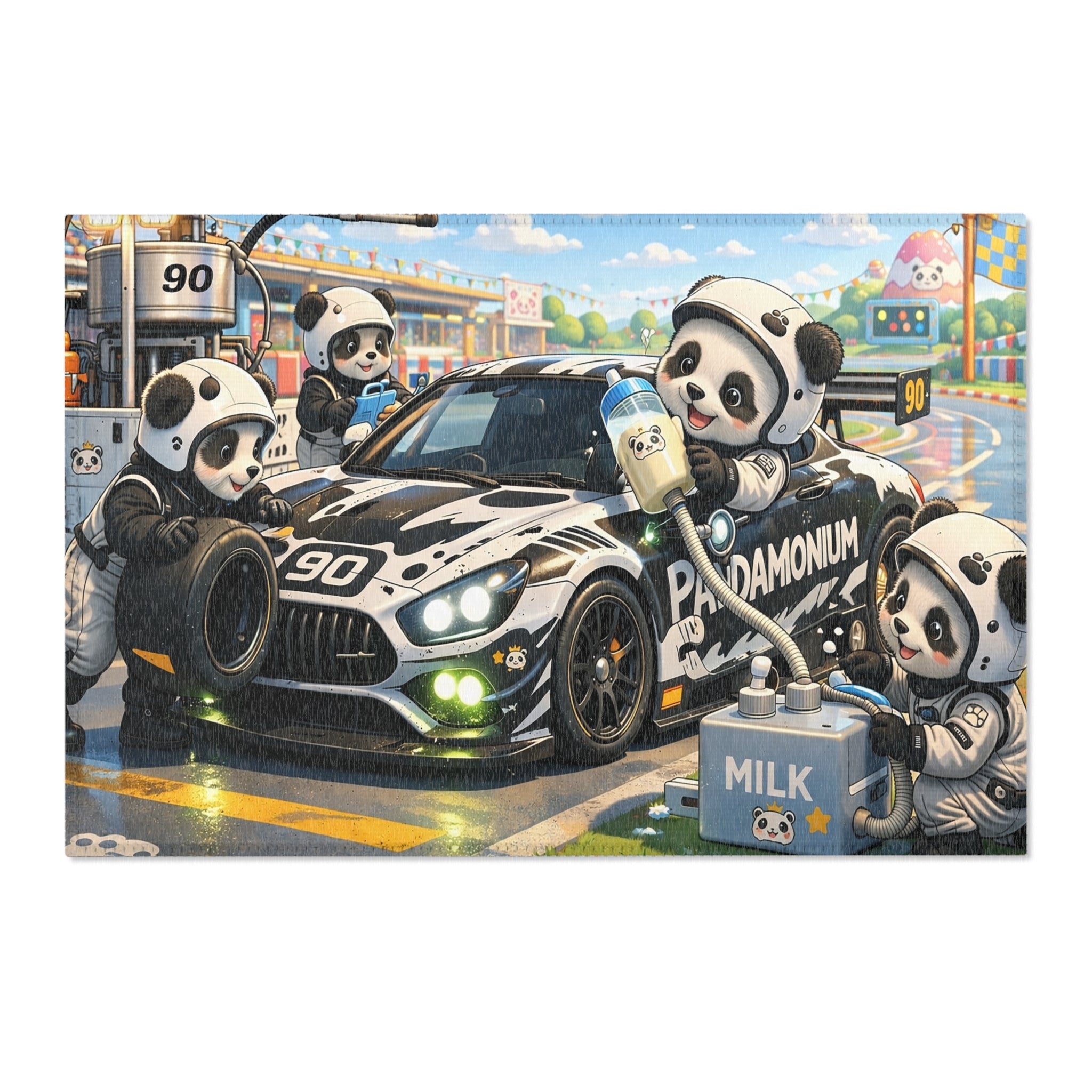 Panda Pit Crew Area Rug — Cute Racing Scene Floor Mat