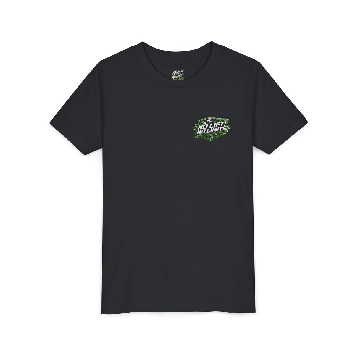 Youth Tee — "No Lift, No Limits" Green Go-Kart Racing Graphic